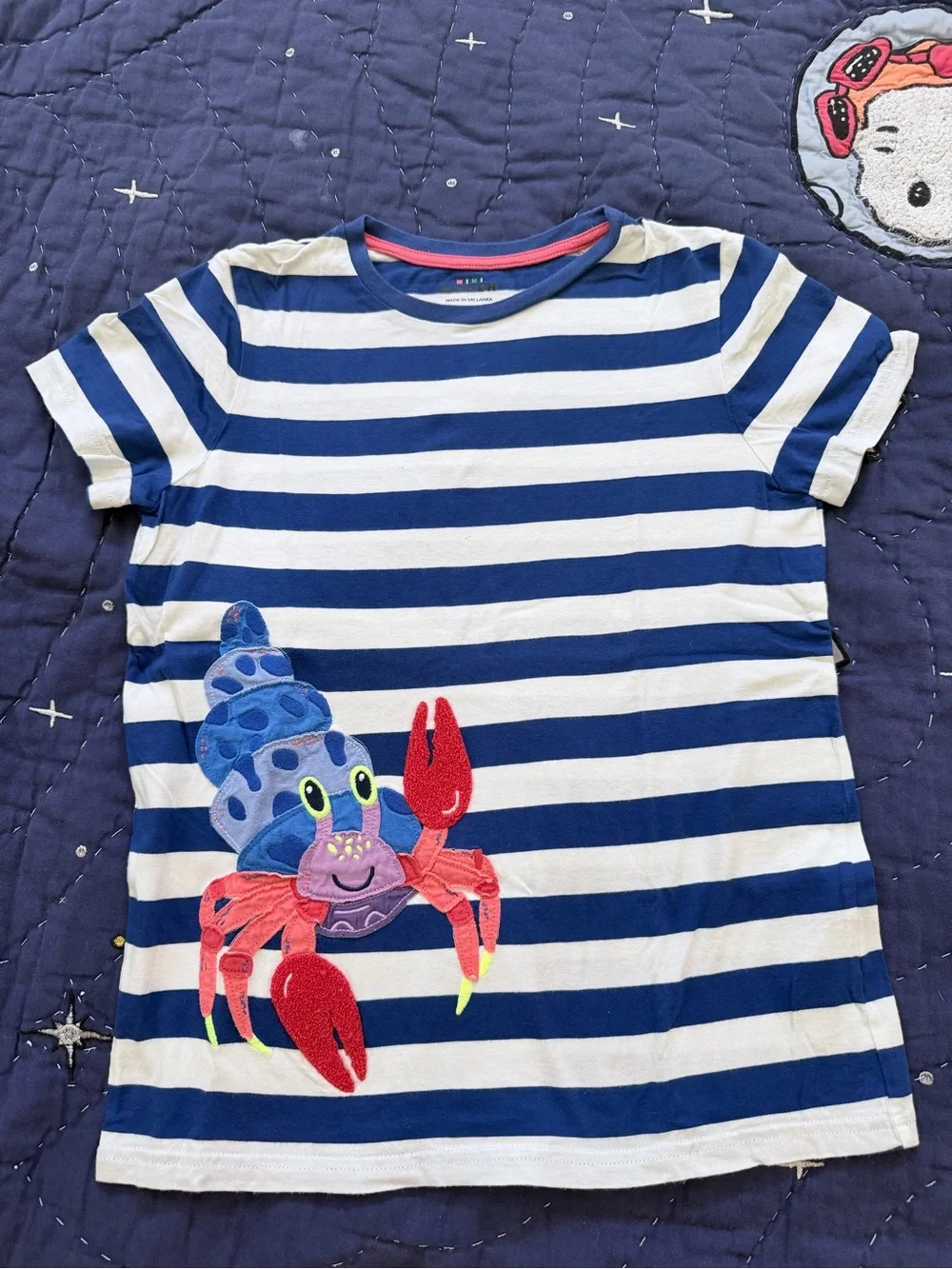 Mini Boden Blue & White Striped Tee with Colorful Crab Applique